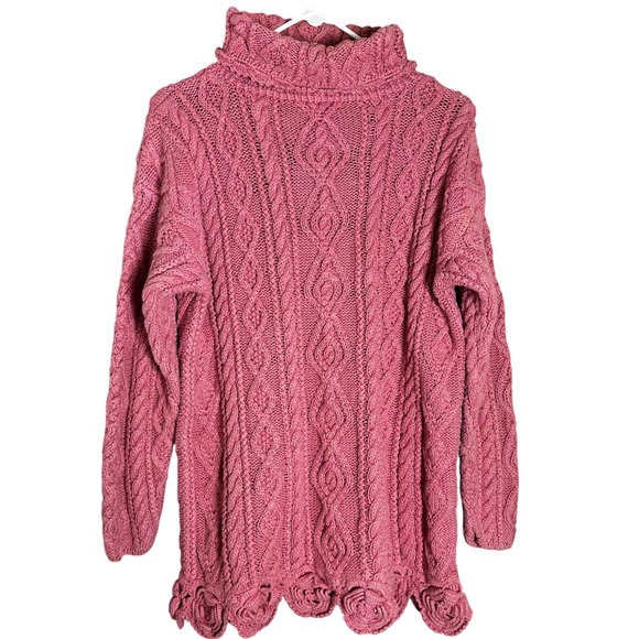 Yarnworks Handknit Cable Knit Oversized Rose Trimmed Turtleneck Sweater Pullover - Picture 1 of 7